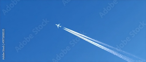 Commercial passenger jet flying high in clear blue sky leaving white contrail vapor trail behind