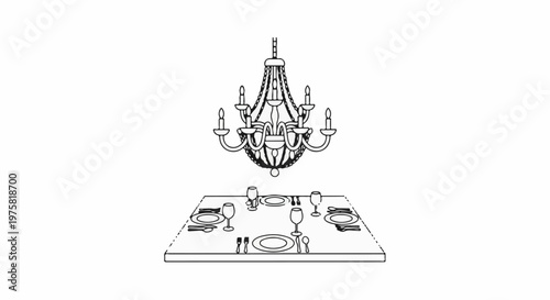Elegant chandelier illuminates a formal dining table setting for four