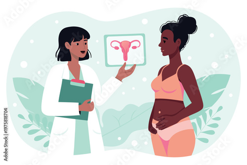 Doctor explaining female reproductive health to a patient with illustration