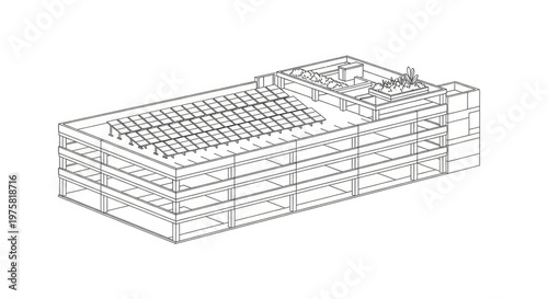 Isometric view of a modern building with solar panels and rooftop garden
