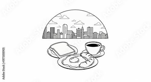 City skyline at dawn with a breakfast of fried egg, sausage, toast, and coffee