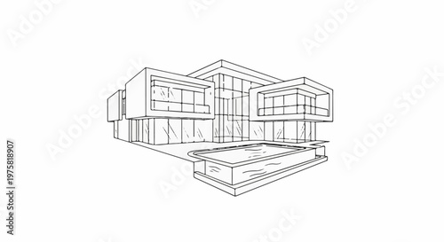 Modern multi-level house with a rectangular swimming pool in front