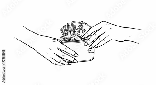 Hands exchange a wallet full of cash, symbolizing transaction or wealth transfer