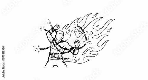 Man breaking free from chains engulfed in stylized flames, a powerful image