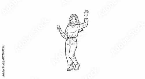 Cheerful woman holding phone and waving with open arm