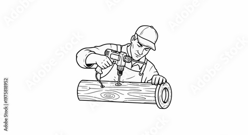 Craftsman drills into a wooden log with a power drill, focused on task