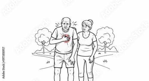 Man clutches chest in pain as woman offers support in park