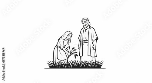Couple harvesting wheat in a field, traditional attire