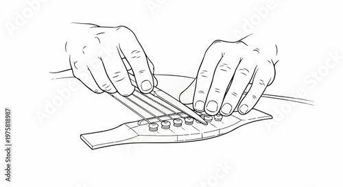 Hands adjusting guitar strings with a tool, close-up