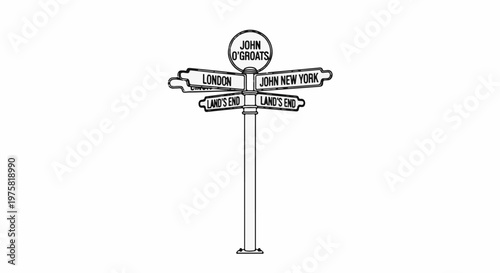 Multi-directional post with destination signs indicating far-off places