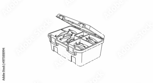 Open fishing tackle box filled with lures, organized into compartments