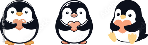 Cute penguin cartoon character set, adorable baby penguins holding pink hearts, flat vector illustration collection for Valentine's Day and nursery decor