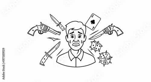 A distressed person surrounded by weapons, dice, and a playing card