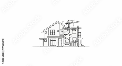 Detailed architectural cross-section of a house under construction