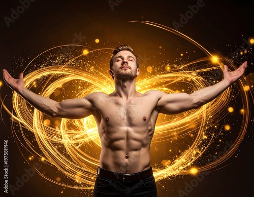 A muscular man stands with arms outstretched before golden swirling lights