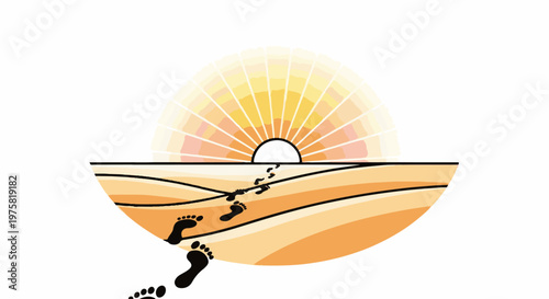 Footprints on a beach leading towards a sunrise over the ocean