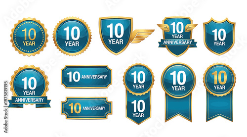 Set of 10 year anniversary badges and labels in blue and gold