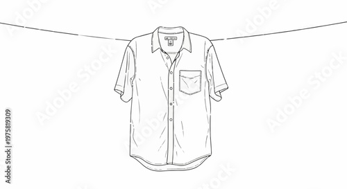 Simple line drawing of a short-sleeved collared shirt hanging from a wire