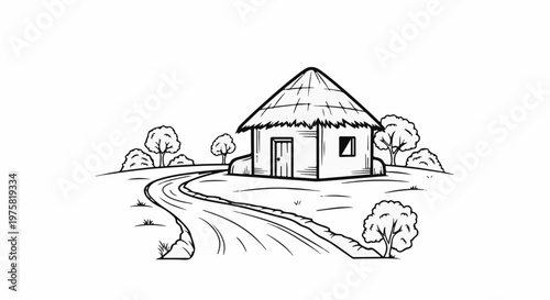 Simple thatched hut on a rural path with trees