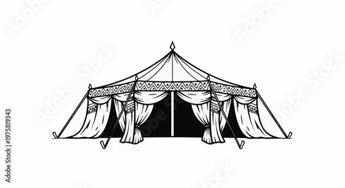 Ornate, large, open tent with draped fabric and decorative trim