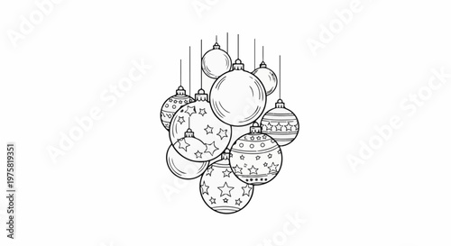 Black and white sketch of assorted festive hanging ornaments with varied patterns