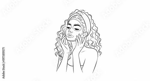 Line art of a woman with curly hair applying a face mask
