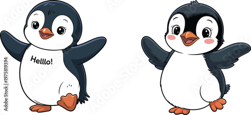 Cute baby penguin cartoon characters, adorable waving penguin chick vector set, happy arctic animal illustrations with hello text