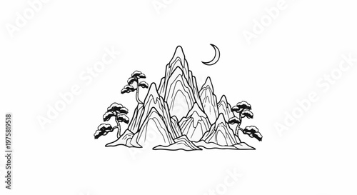 Stylized ink drawing of craggy mountains and sparse trees under a crescent moon