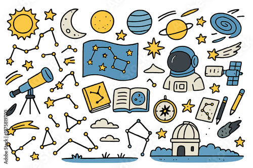 Celestial Doodle Explorations. Celestial charts. Hand-drawn doodle illustration constellations (colored), stars (colored), planets (colored), moon (colored),