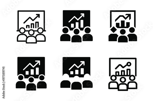 Creative Logo Variations. Marketing team discussing campaign strategy. Icon set. Set Logo of Marketing team discussing campaign strategy: whiteboard