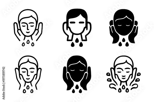 Facial Cleansing Icons. Washing your face. Icon set. Set Logo of Washing your face: face outline with splash. harmonious logo variations of the same emblematic