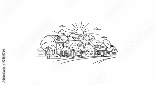 A simplified, line-art depiction of a residential neighborhood under a radiant sun