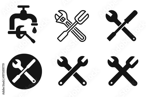 Leaky Faucet Logos. Fixing a leaky faucet in the kitchen. Icon set. Set Logo of Fixing a leaky faucet in the kitchen: pipe wrench crossing screwdriver.
