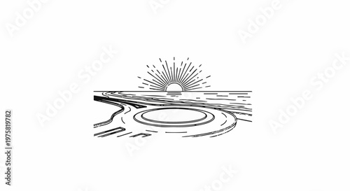 Stylized sunrise over water with a circular road or roundabout ahead