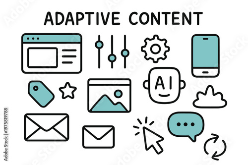 Adaptive Content Icons. // Adaptive content. Hand-drawn doodle illustration Adaptive content [browser window (accented), sliders (accented), gear, AI face,