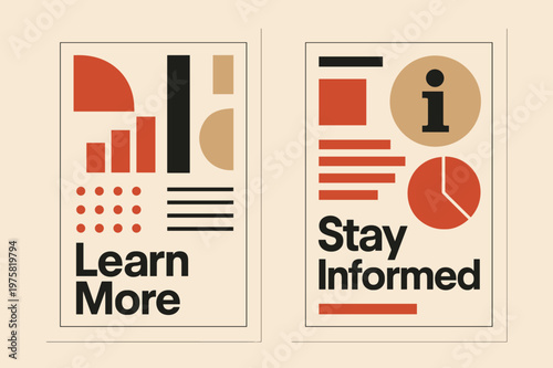 Bauhaus Infographic Banners. INFORMATION. Two vertical A6 banners with safe margins, centered composition, no elements touching edges, bauhaus, red and beige,