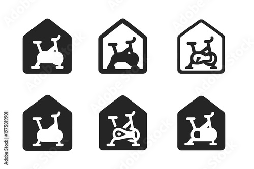 Home Fitness Icons. Fitness at home. Icon set. Set Logo of Fitness at home: stationary bike silhouette. harmonious logo variations of the same emblematic
