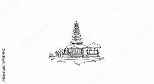 Stylized line art drawing of a tiered pagoda temple with surrounding structures and flora