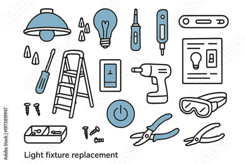Light Fixture Replacement. // Light fixture replacement. Hand-drawn doodle illustration light fixture replacement [ceiling fixture (accented), light bulb