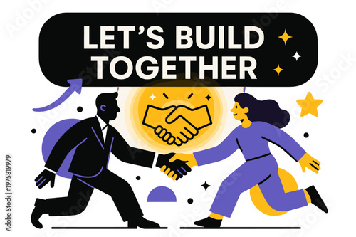 Build Together Pitch. Pitch Deck ? Call to Action. Final slide glows with bold headline ?Let?s Build Together.? Minimal handshake icon bridges investor and