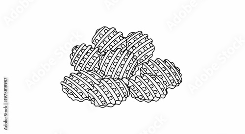 A pile of waffle-cut fries are shown in a simple line art style