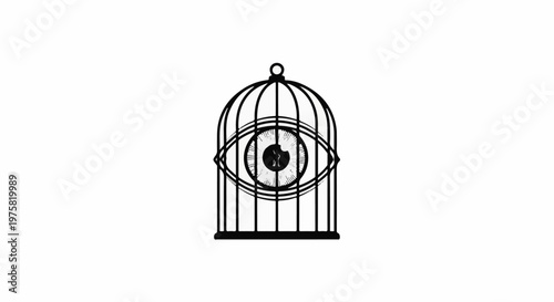 Stylized eye peering through bars of a cage-like structure