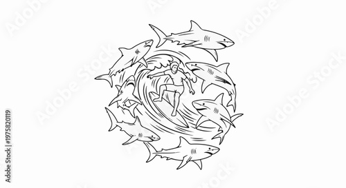 Surfer skillfully navigates a swirling wave surrounded by sharks