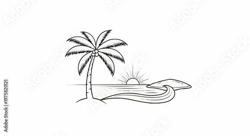 Stylized tropical island scene with a palm tree, ocean, and setting sun