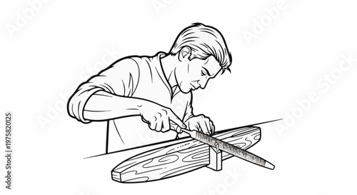 A focused man uses a file to shape a piece of wood