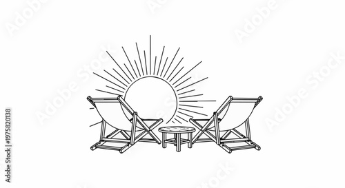 Two deck chairs and a small table in front of a stylized sun