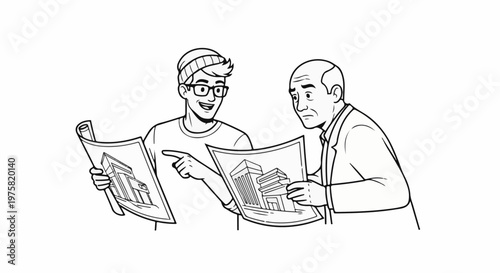Two men discussing building blueprints, one young and enthusiastic, the other older and concerned