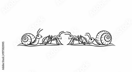 Two snails and four ants are facing each other in a line art drawing