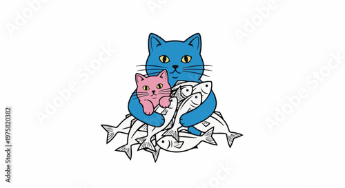 Two cats, one large blue and one small pink, hold a pile of fish