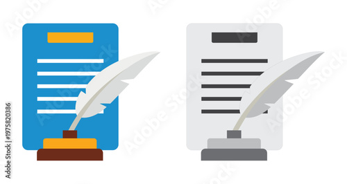 Traditional Feather Quill and Inkwell Icons with Document Paper for Legal Writing, Literature, and Classical Correspondence Branding